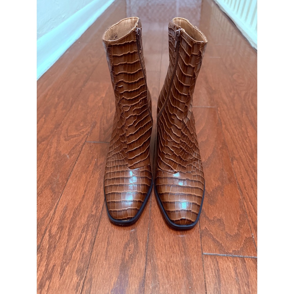Vionic‎ Harper Croc Brown Leather Ankle Boots Square Toe Block Heel Womens 7